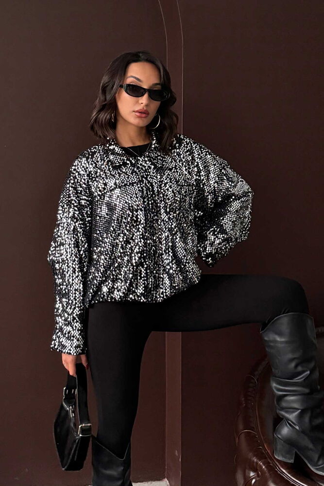 Topshow Sequin Oversize Women's Jacket – Zippered Sparkly Stylish Top - Grey Silver | F2026
