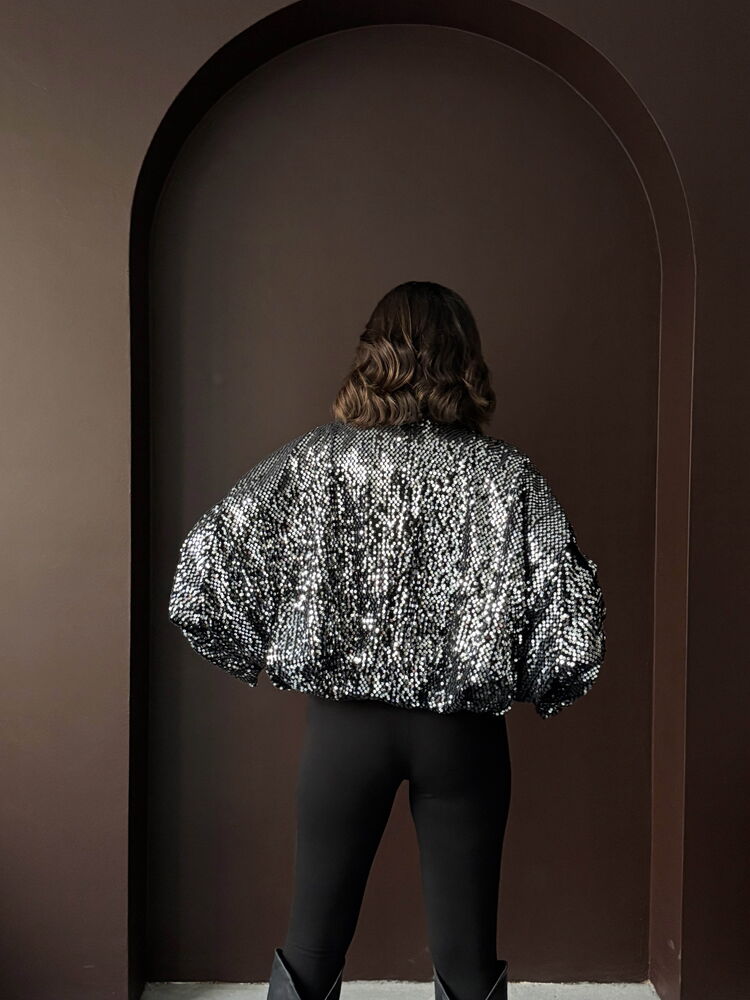 Topshow Sequin Oversize Women's Jacket – Zippered Sparkly Stylish Top - Grey Silver | F2026