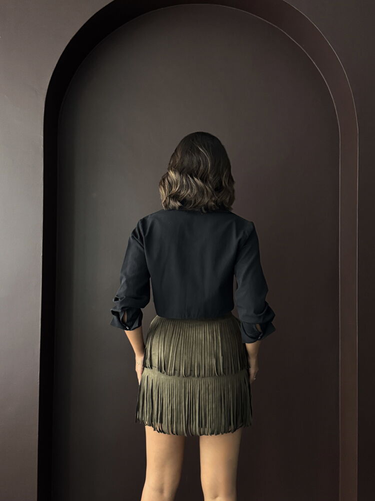 Topshow Fringed Scuba Suede Skirt - Khaki | F2030