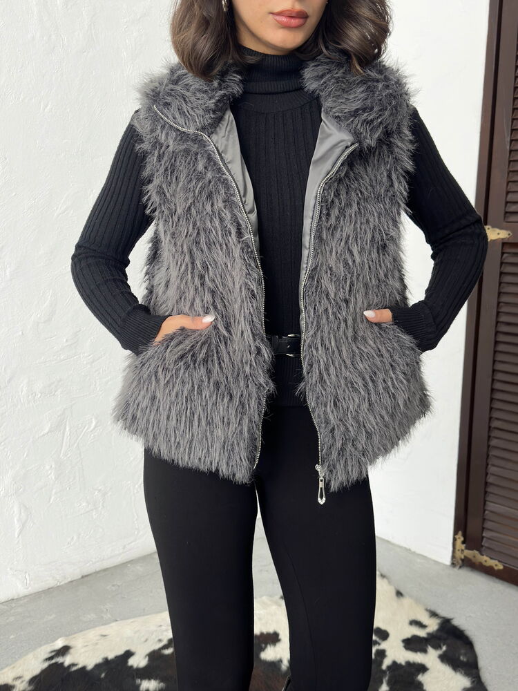 Topshow Faux Fur Women's Wholesale Vest – Zippered, Soft Touch - Grey | F2046