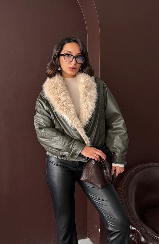 Fur-Collared Double-Breasted Leather Jacket - Khaki