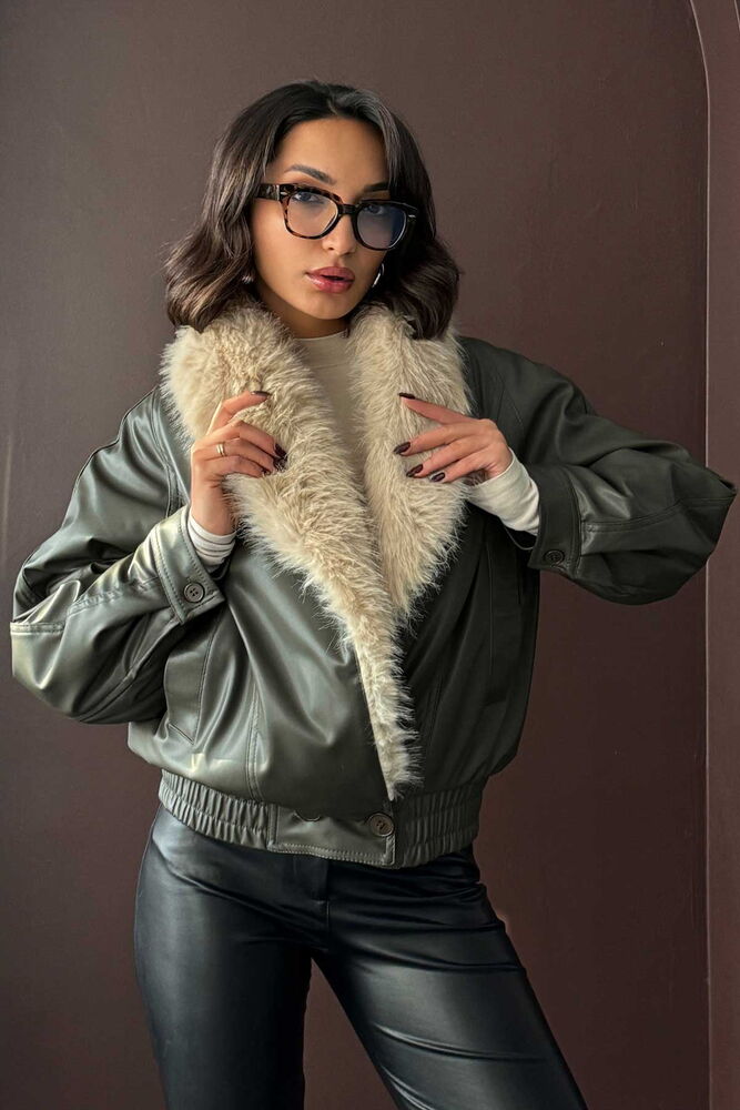 Fur-Collared Double-Breasted Leather Jacket - Khaki