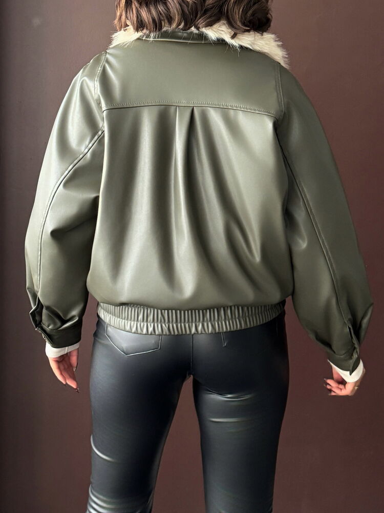 Fur-Collared Double-Breasted Leather Jacket - Khaki