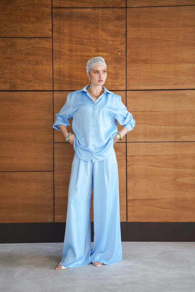 Pantaloni din satin - Albastru | F2052 - Topshow
