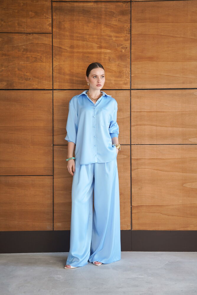 Pantaloni din satin - Albastru | F2052 - Topshow