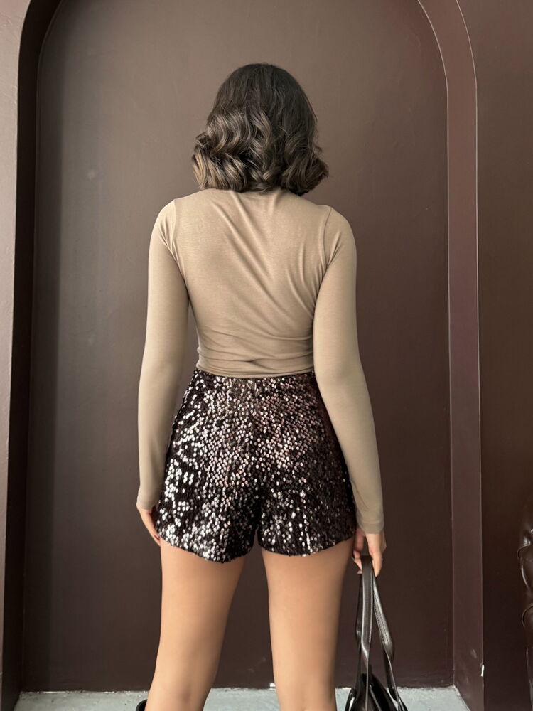 Pantaloni scurți din catifea cu paiete - Maro