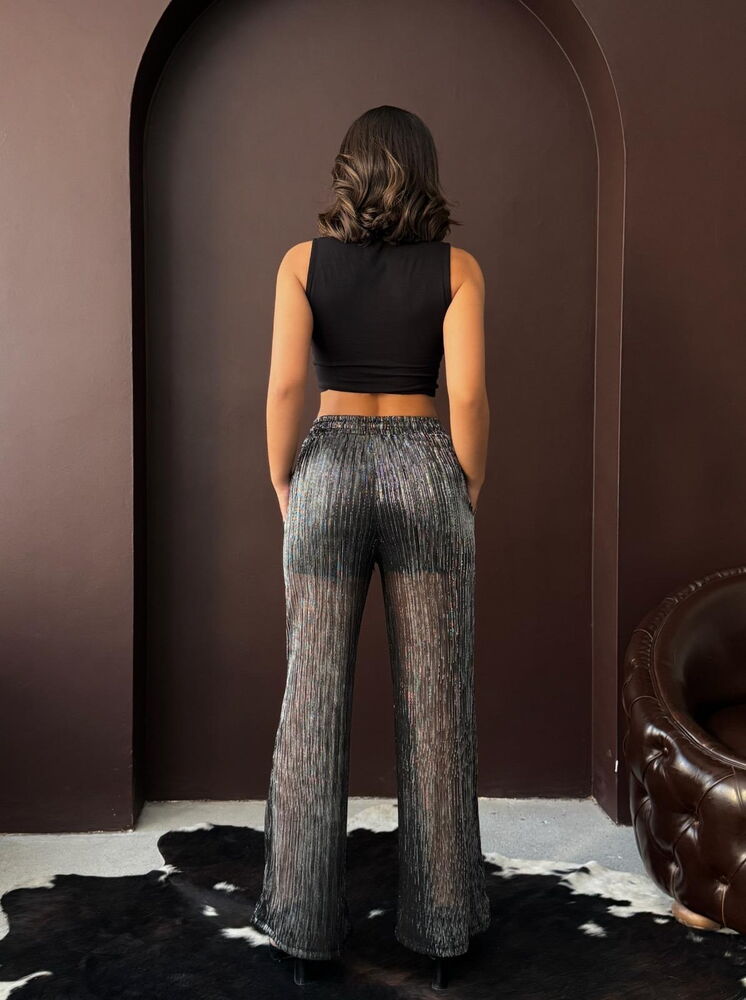 Topshow - Shimmery Pleated Trousers - Black Silver | F2066