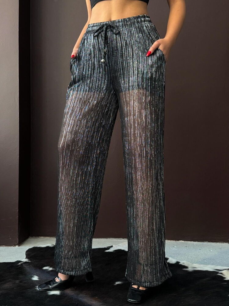 Topshow - Shimmery Pleated Trousers - Black Silver | F2066