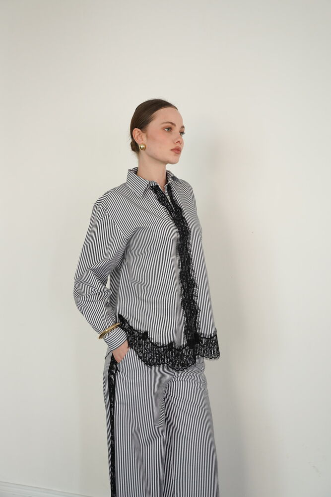 Lace Detailed Striped Wholesale Shirt - Black | F2082 - Topshow