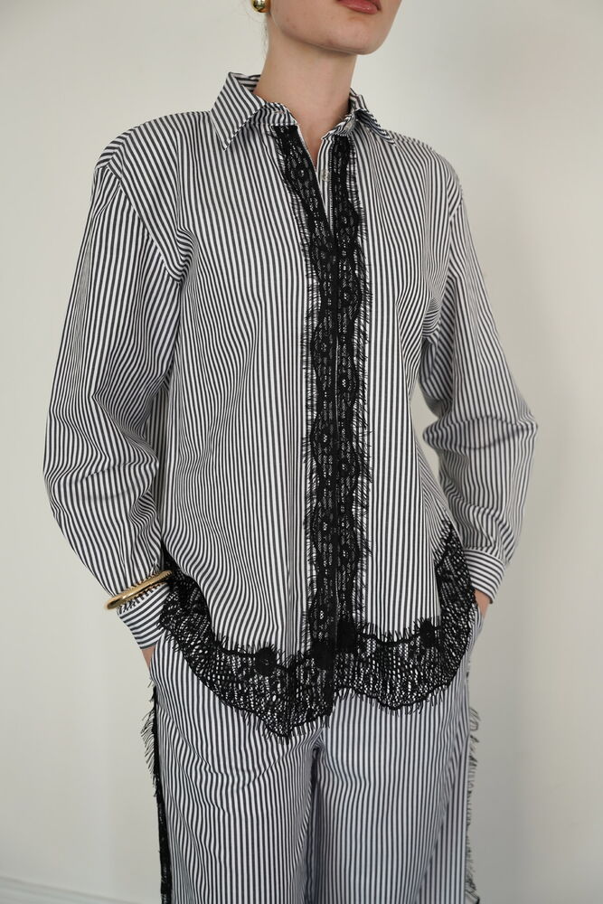 Lace Detailed Striped Wholesale Shirt - Black | F2082 - Topshow