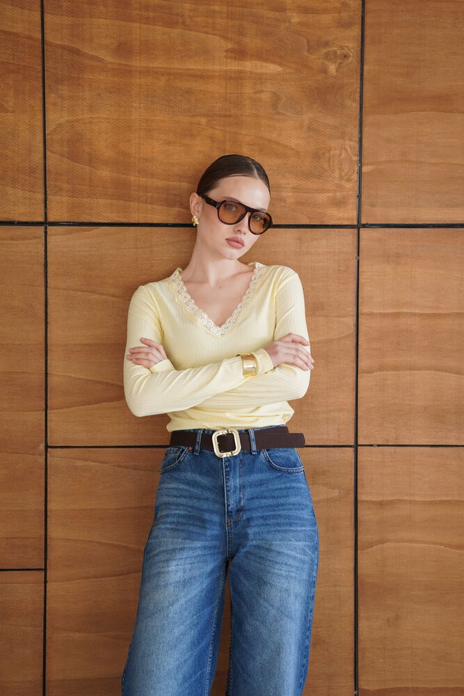 Lace-Detailed Sweatshirt - Yellow | F2088 - Topshow