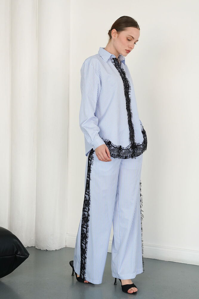 Pantaloni cu dungi și detalii de dantelă, en-gros - Albastru | F2083 - Topshow