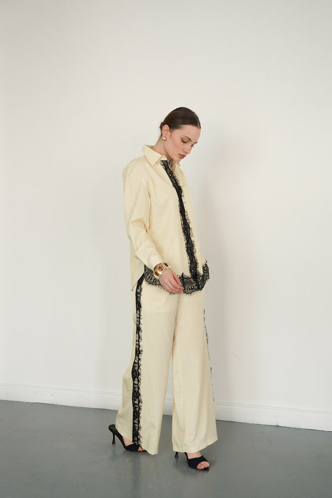 Lace Detailed Striped Wholesale Trousers - Yellow | F2083 - Topshow