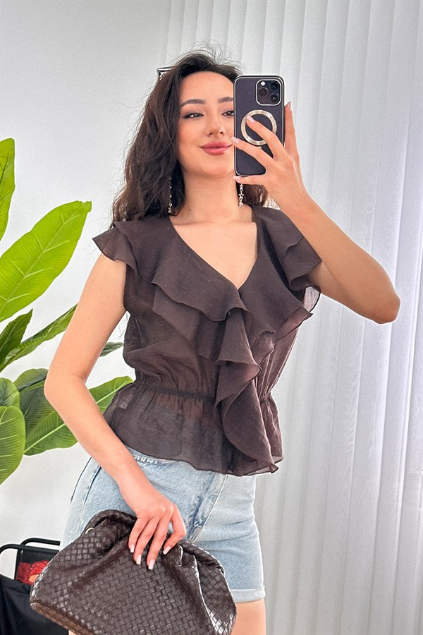 Bluza de Toptan Maro cu Talie Elastic și Franje