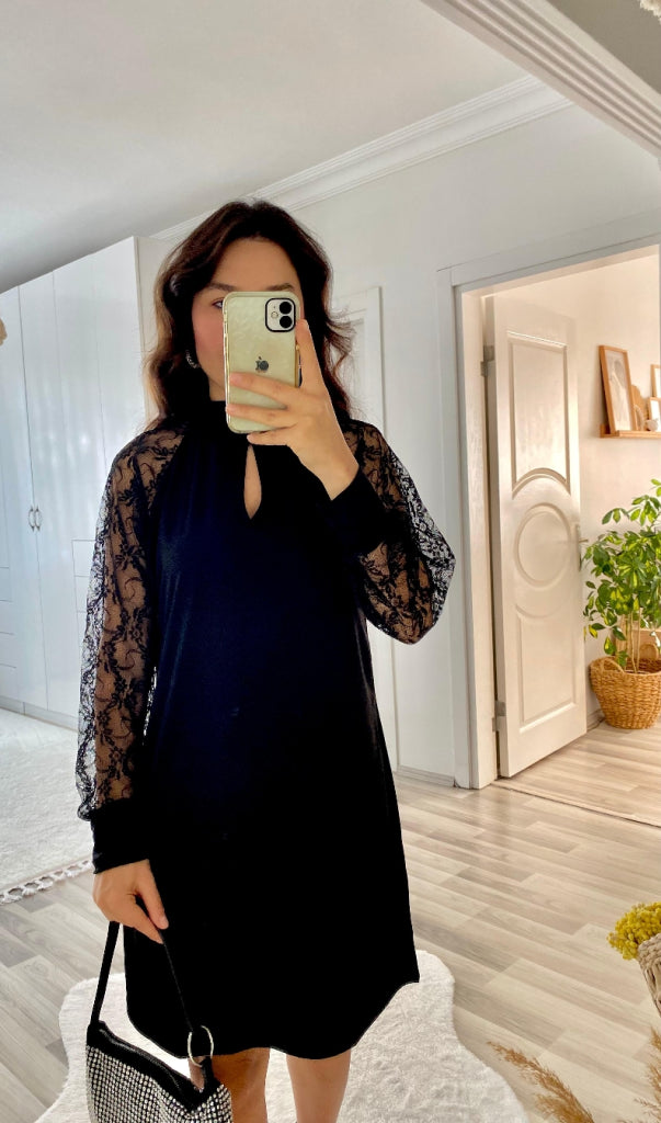 Rochie mini din material ușor cu mâneci lungi, cu detaliu picătură, 37448