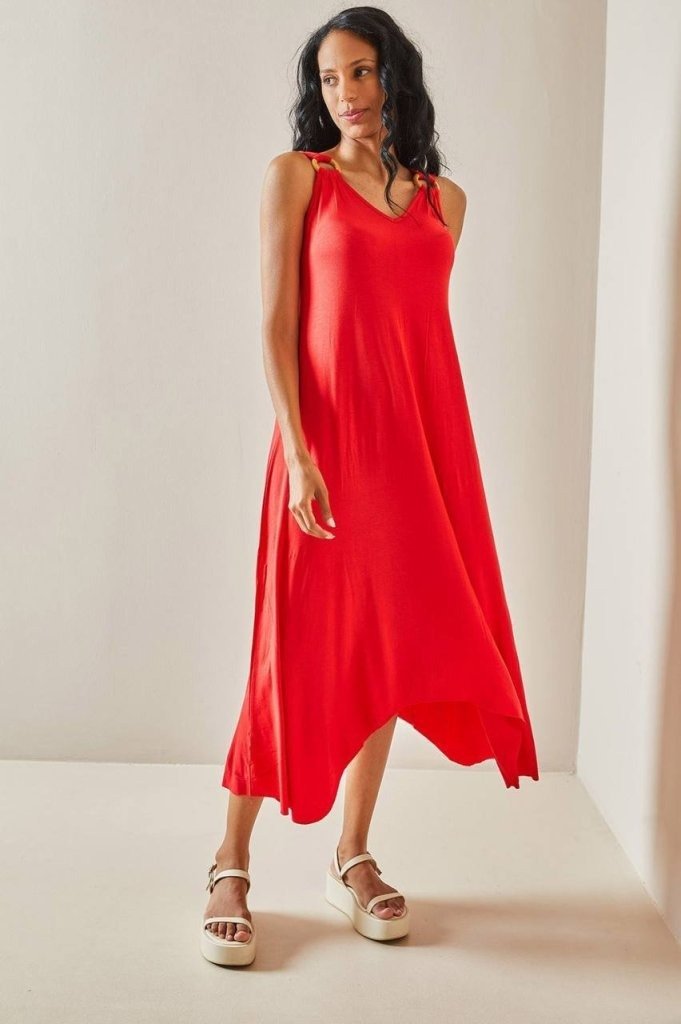 Women's Strappy V-Neck Ring Detail Asymmetric Cut Viscose Maxi Dress, 31367