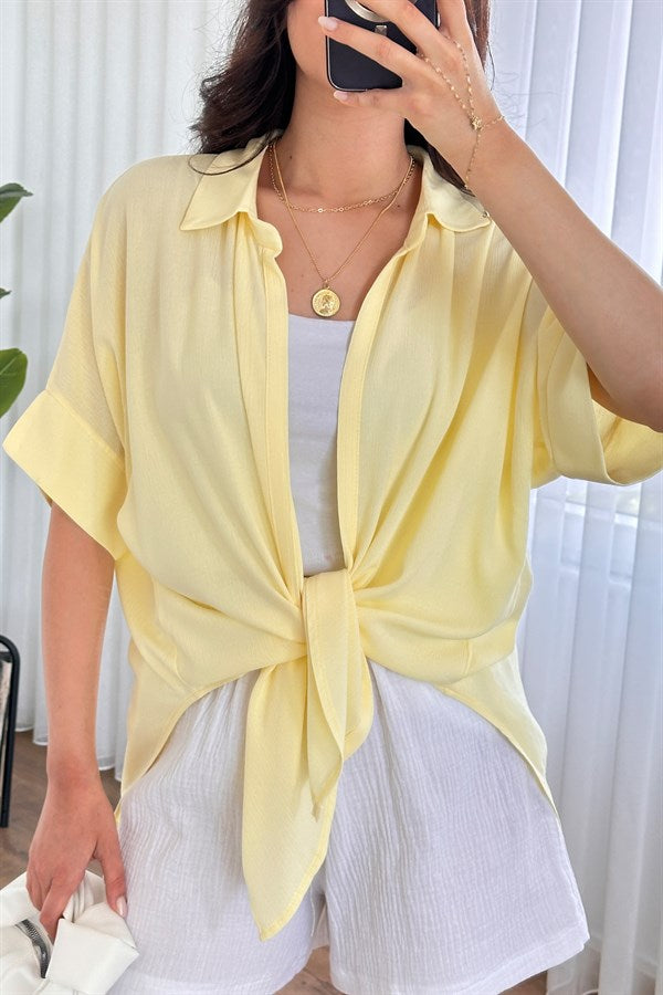Bluza Kimono de Toptan Galbenă Basic cu Mânecă Scurtă