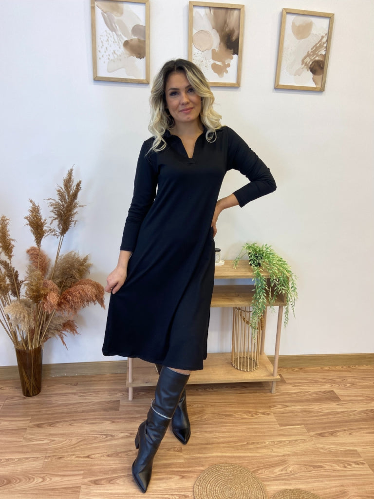 Rochie damă, tip camizolă midi, cu mâneci lungi, guler, viscoză, fire duble, 28777