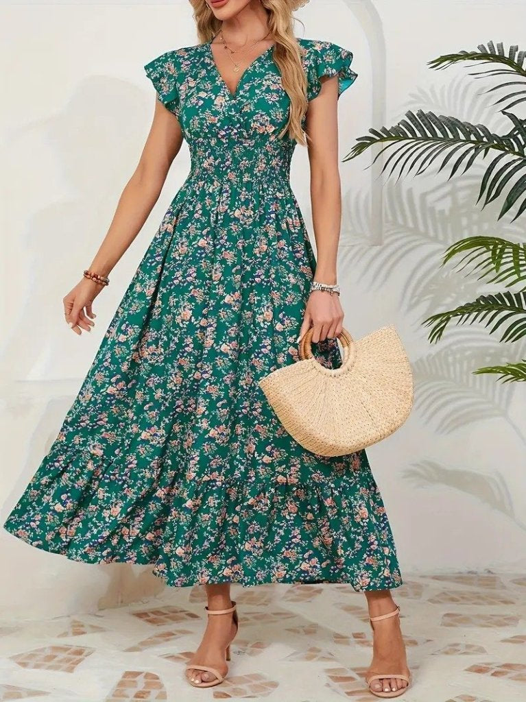 Rochie pentru femei cu mânecă scurtă, decolteu petrecut, talie elastică, cu imprimeu floral, 32816