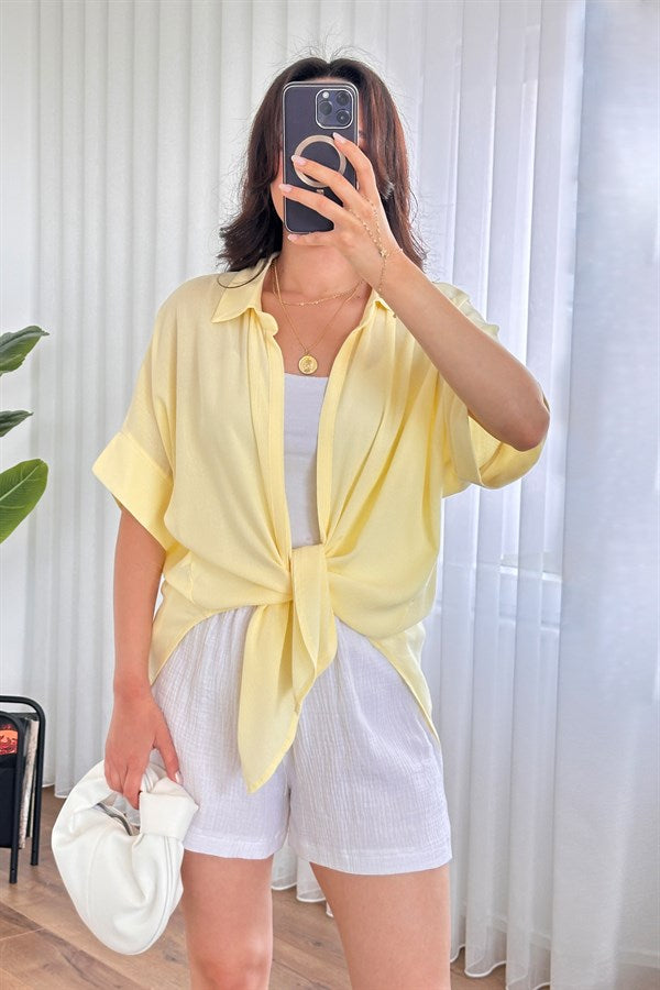 Bluza Kimono de Toptan Galbenă Basic cu Mânecă Scurtă