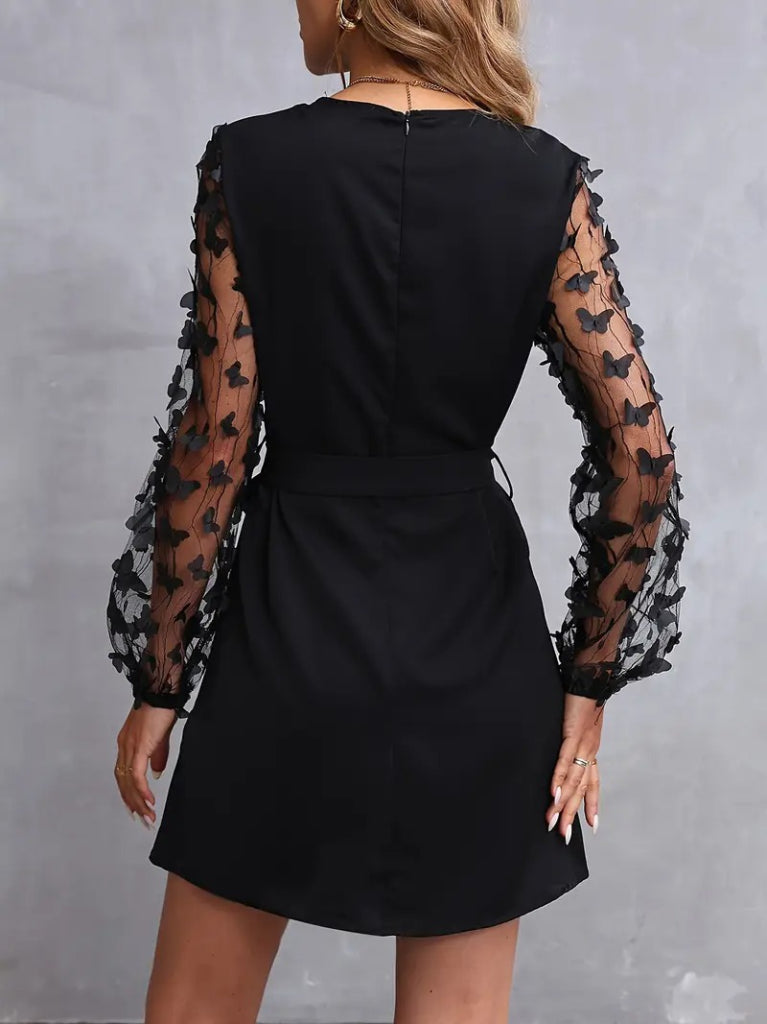 Rochie de damă cu mânecă lungă, guler rotund, mâneci din tul și detalii fluture, rochie din crep importat, 34759