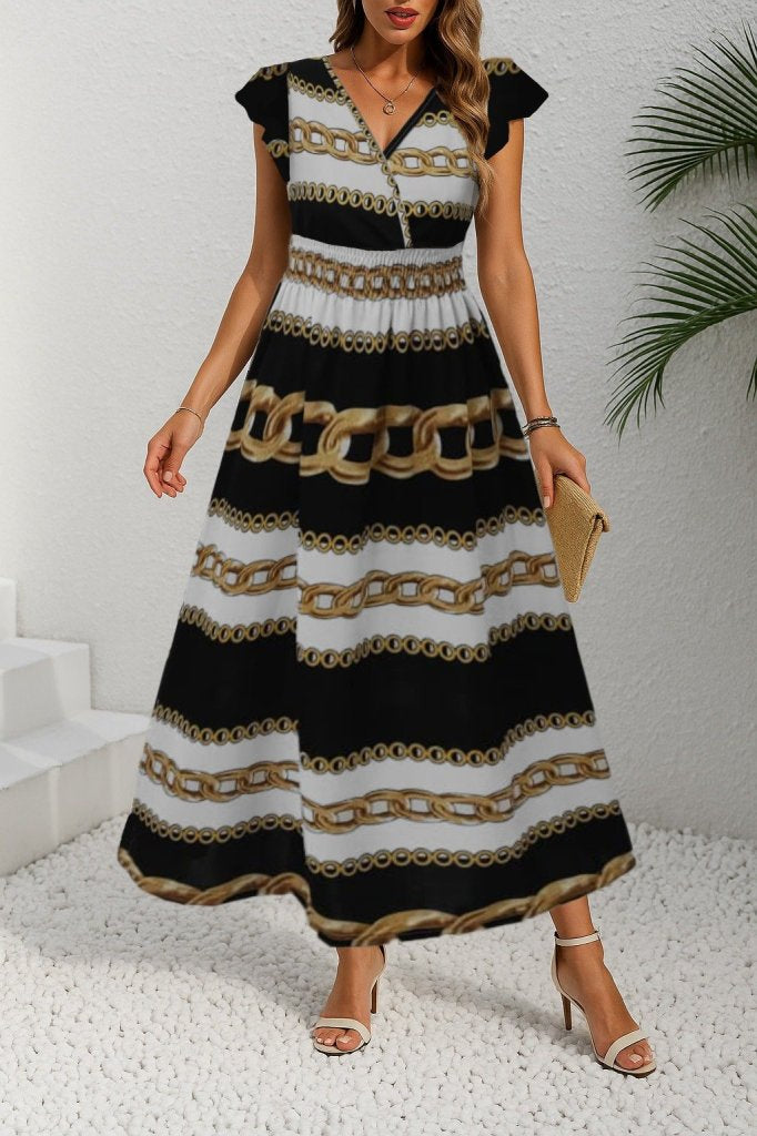Women's Short-Sleeve Wrap Neck Elastic Waist Patterned Maxi Knitted Crepe Dress, 25864