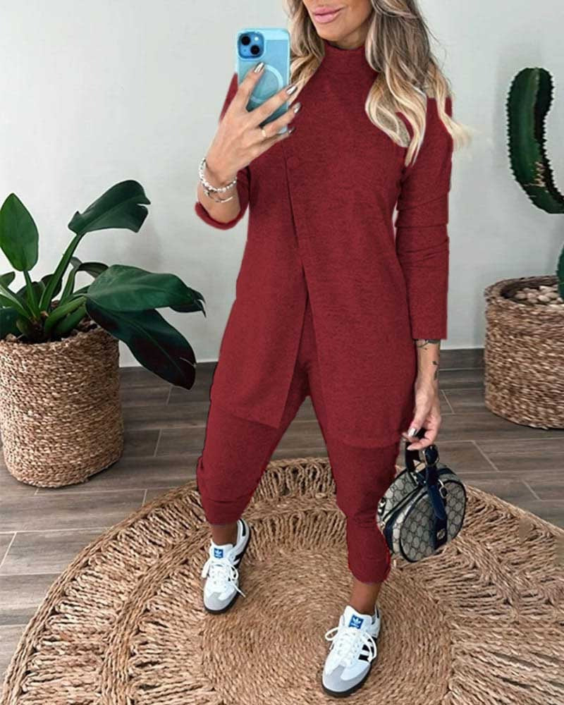 Set pufos din două piese, bluză cu mânecă lungă, guler înalt, cu nasturi în față și pantaloni, pentru femei, 20332