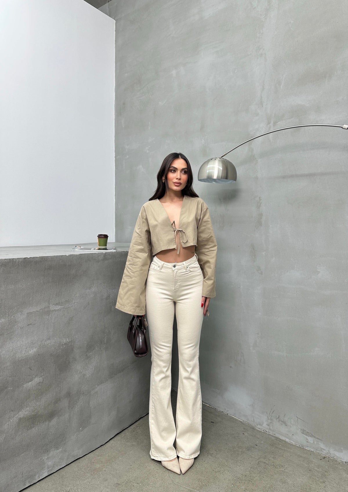 Pantalon Jean Flare Natural Talie Înaltă Cupa Îngustă Cărări Spaniole