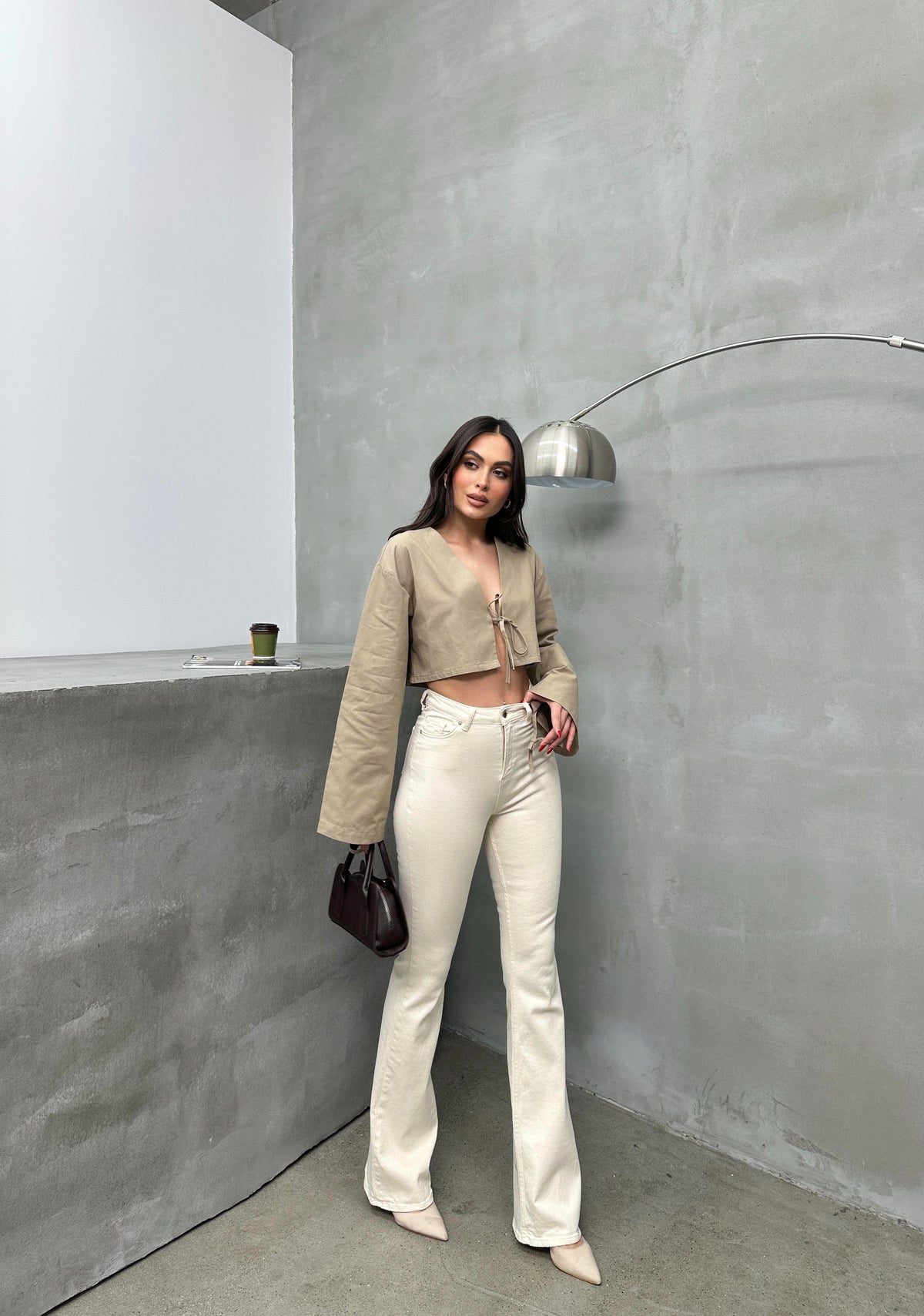 Pantalon Jean Flare Natural Talie Înaltă Cupa Îngustă Cărări Spaniole