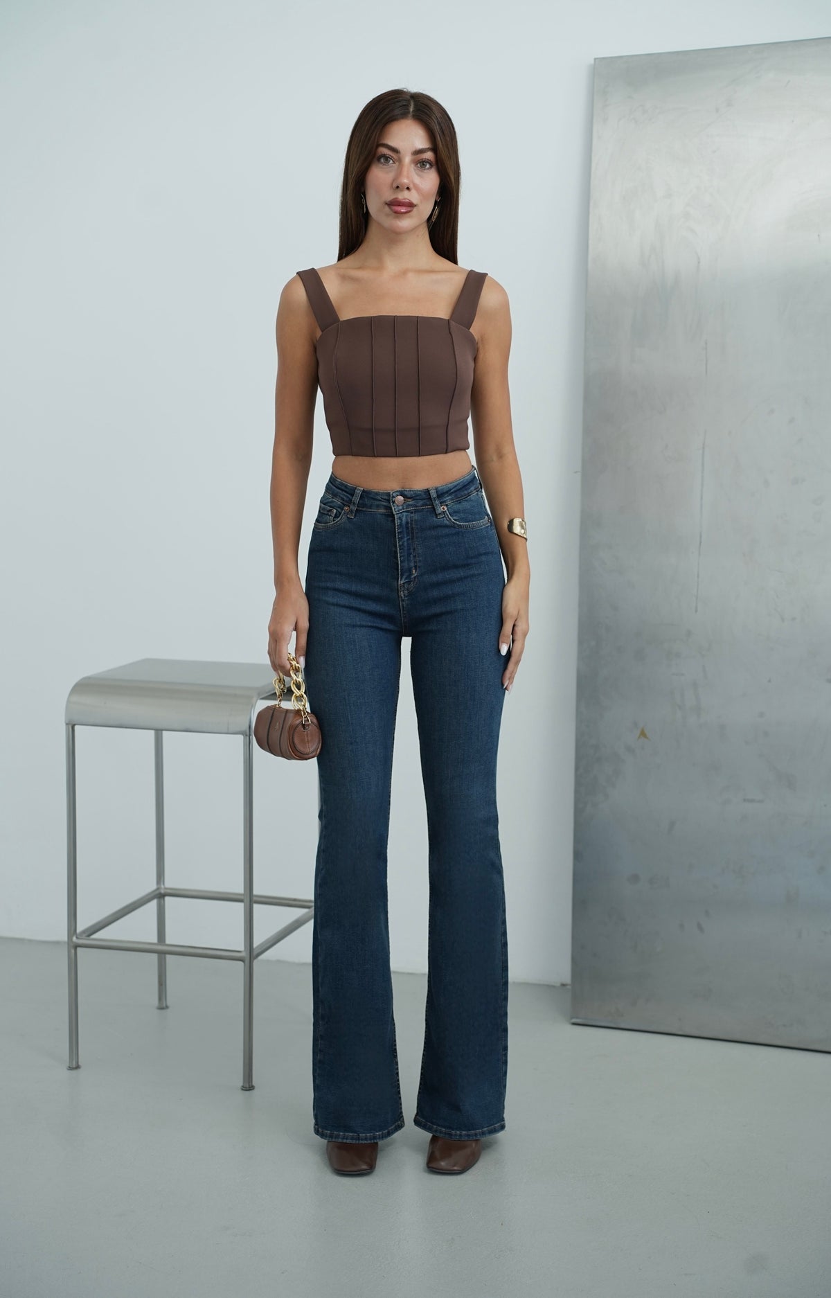 Yüksek Bel İspanyol Paça Dark Blue Tint Jean Pantolon