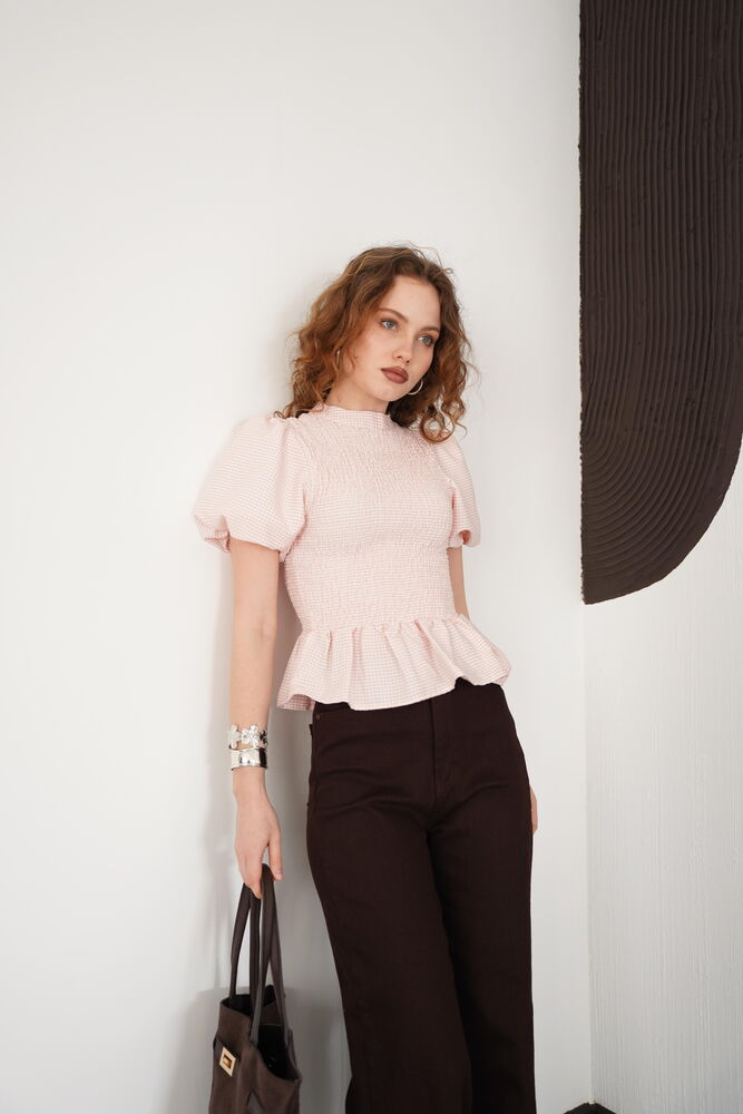 Shirred Bicycle Collar T-Shirt Wholesale Blouse - Powder | D2999 - Topshow