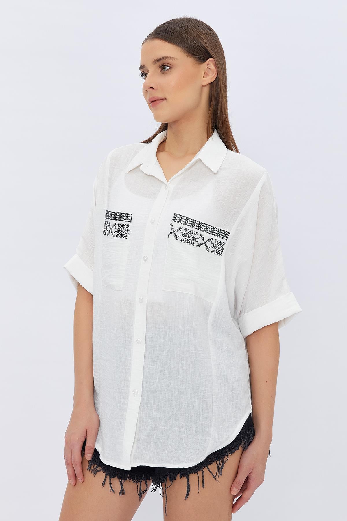 Bluza Buzunare Brodate - ALB