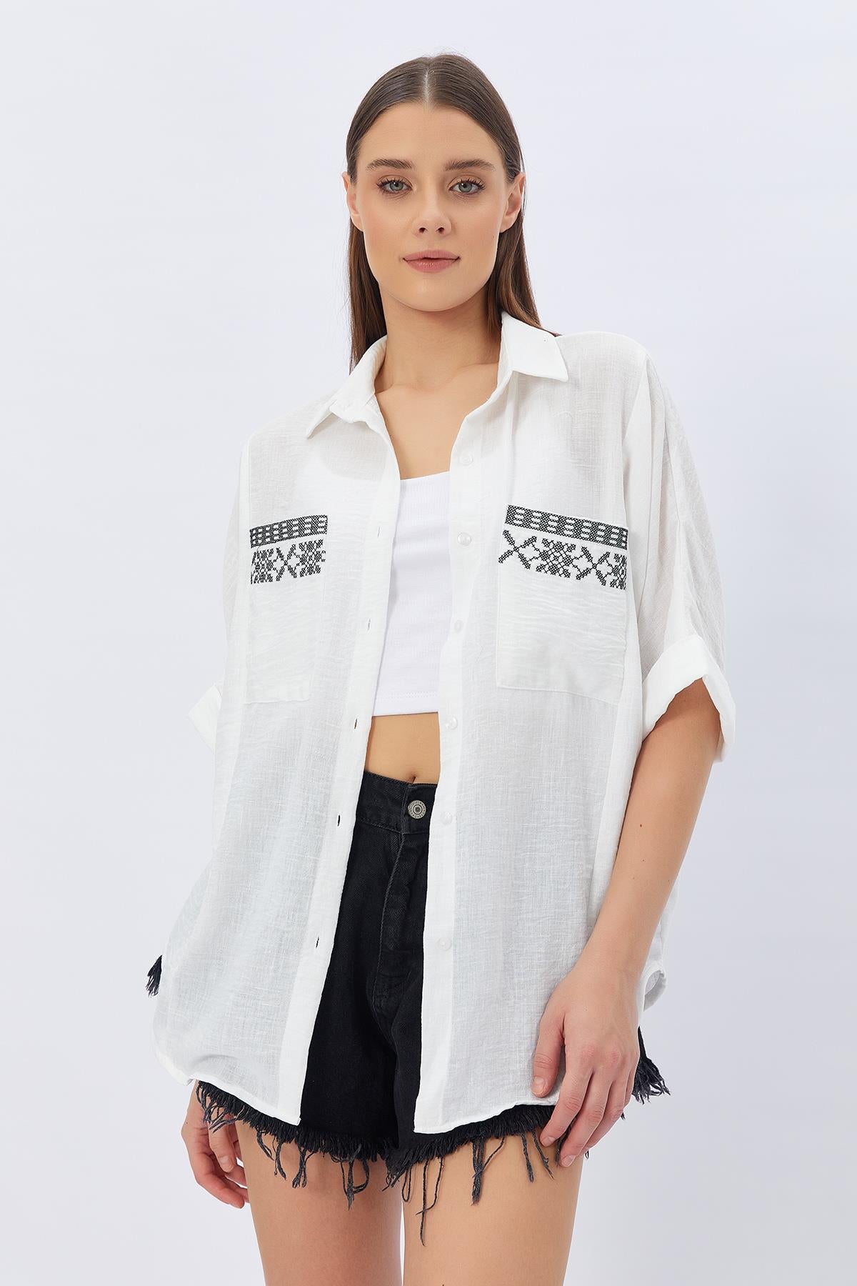 Bluza Buzunare Brodate - ALB