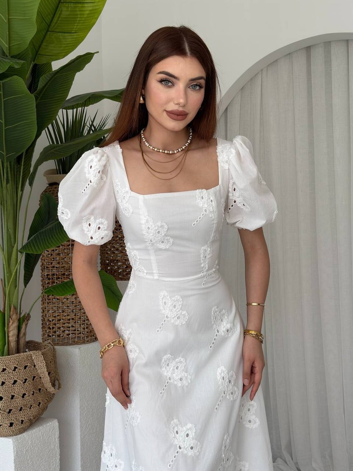 Rochie cu mâneci balon și imprimeu grafic