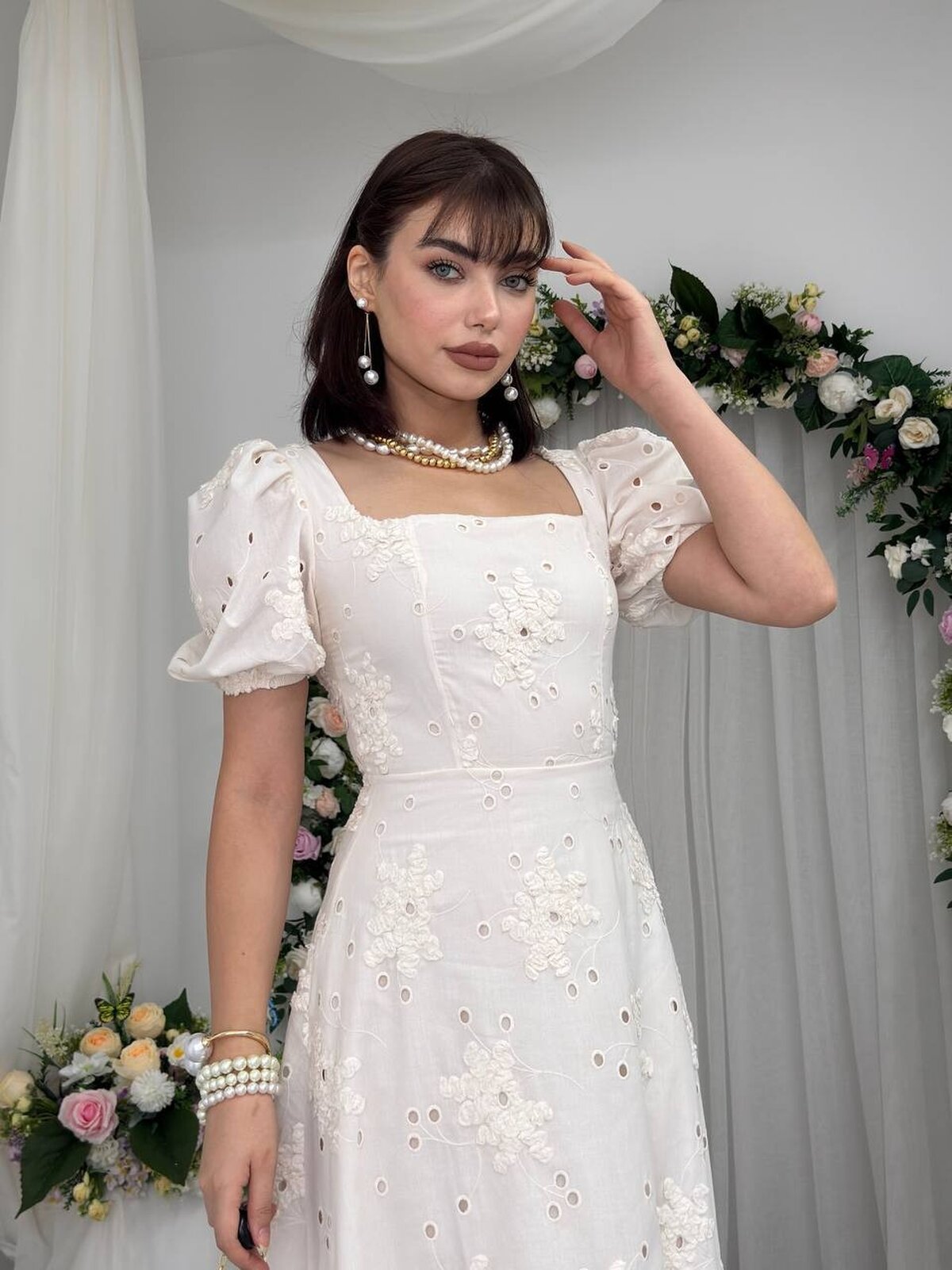 Rochie cu mâneci balon și imprimeu grafic