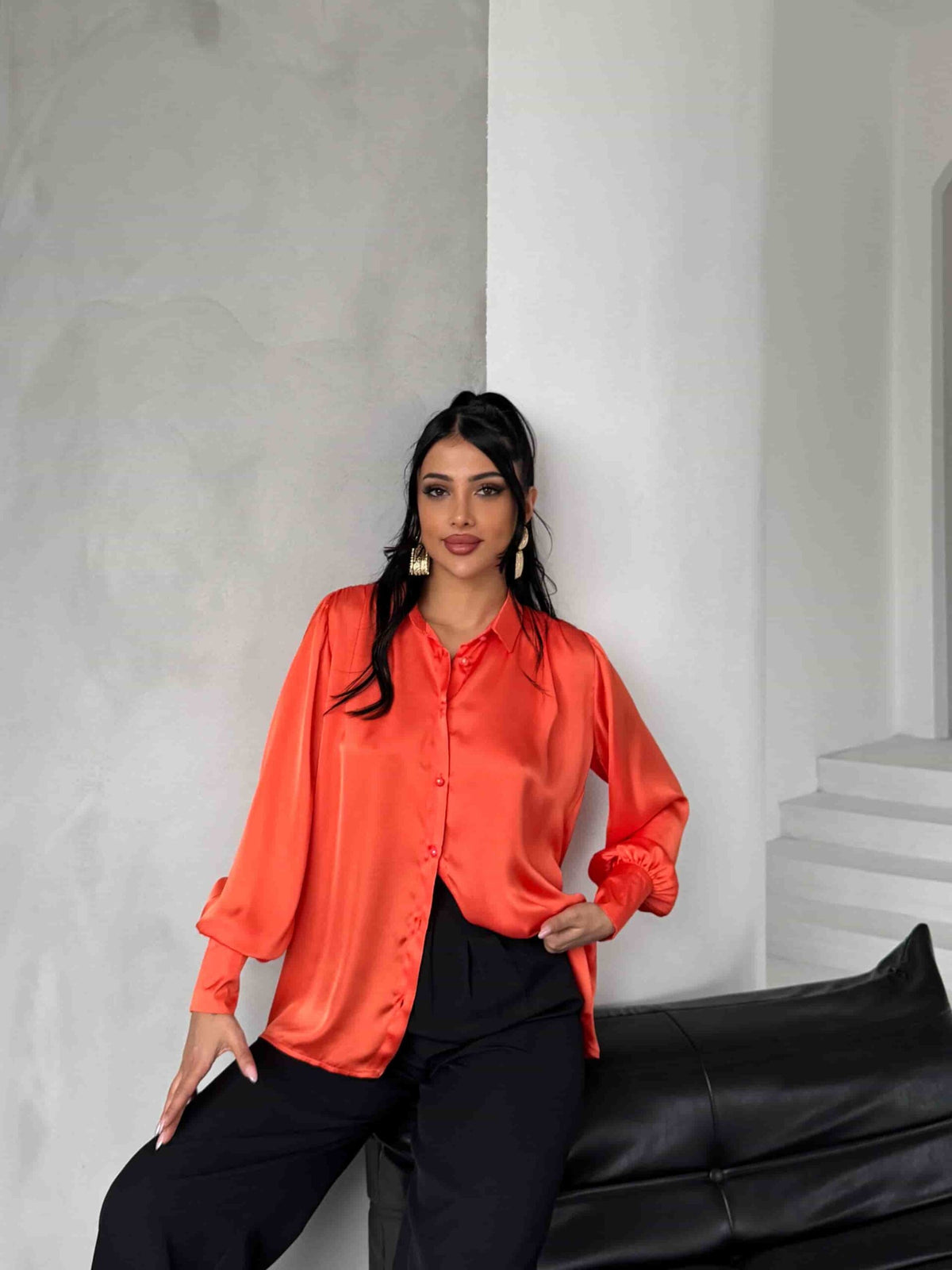 Pearl Buttoned Satin Shirt - Orange