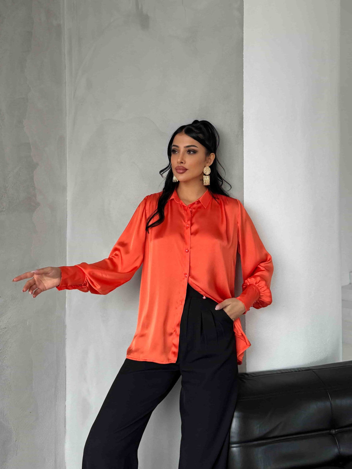 Pearl Buttoned Satin Shirt - Orange