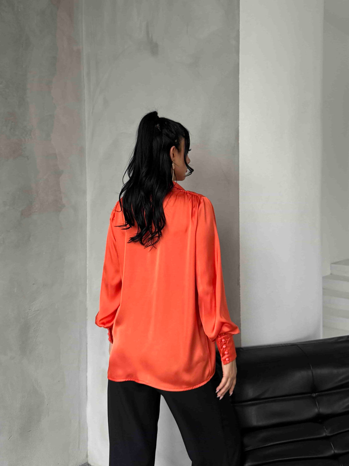 Pearl Buttoned Satin Shirt - Orange