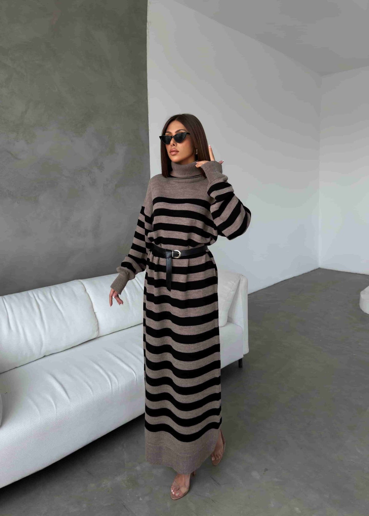 Knitted Belted Dress 1017 - Mink