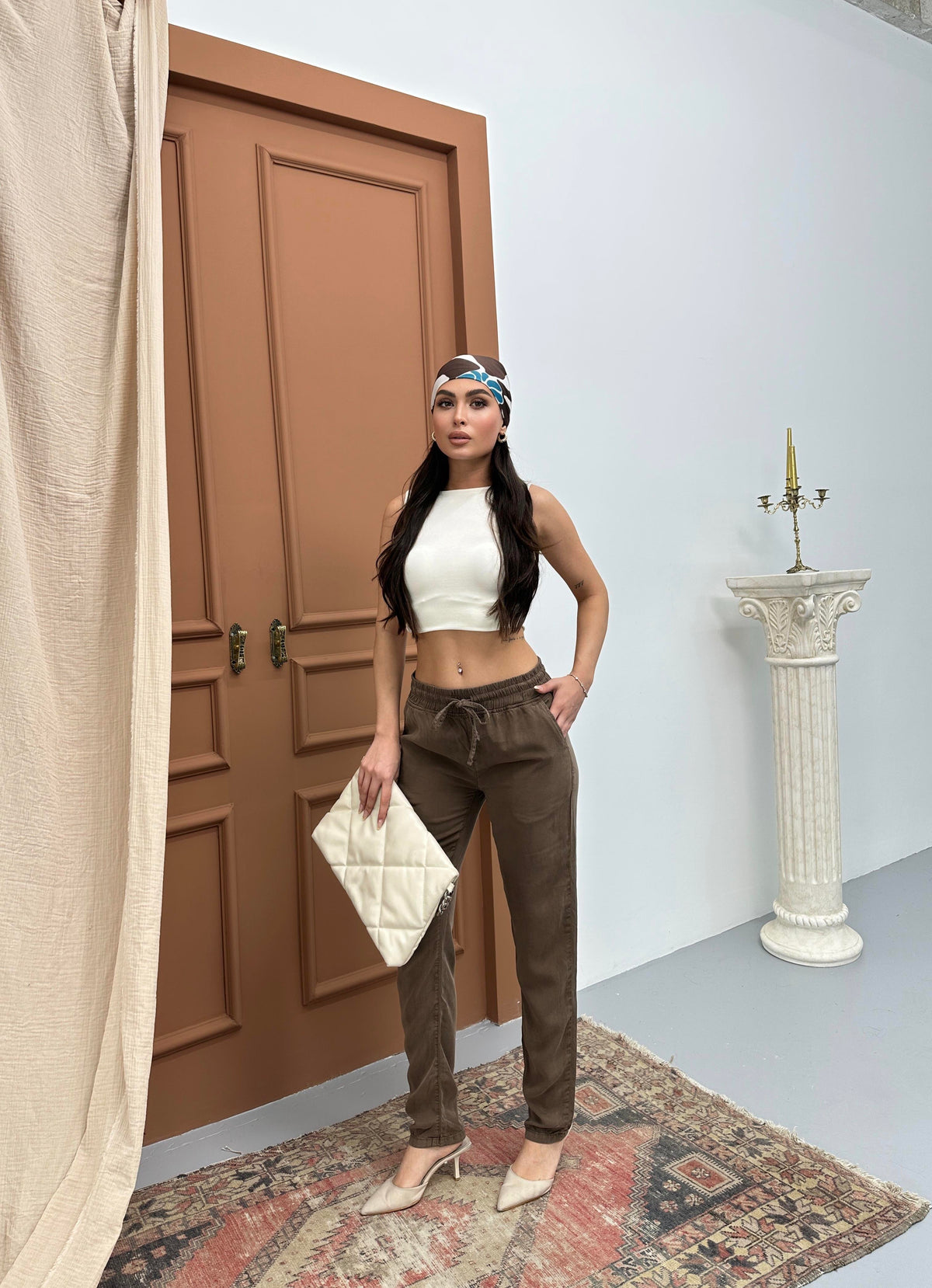Women's Elastic Waist Tapered Leg Brown Jogger Pants