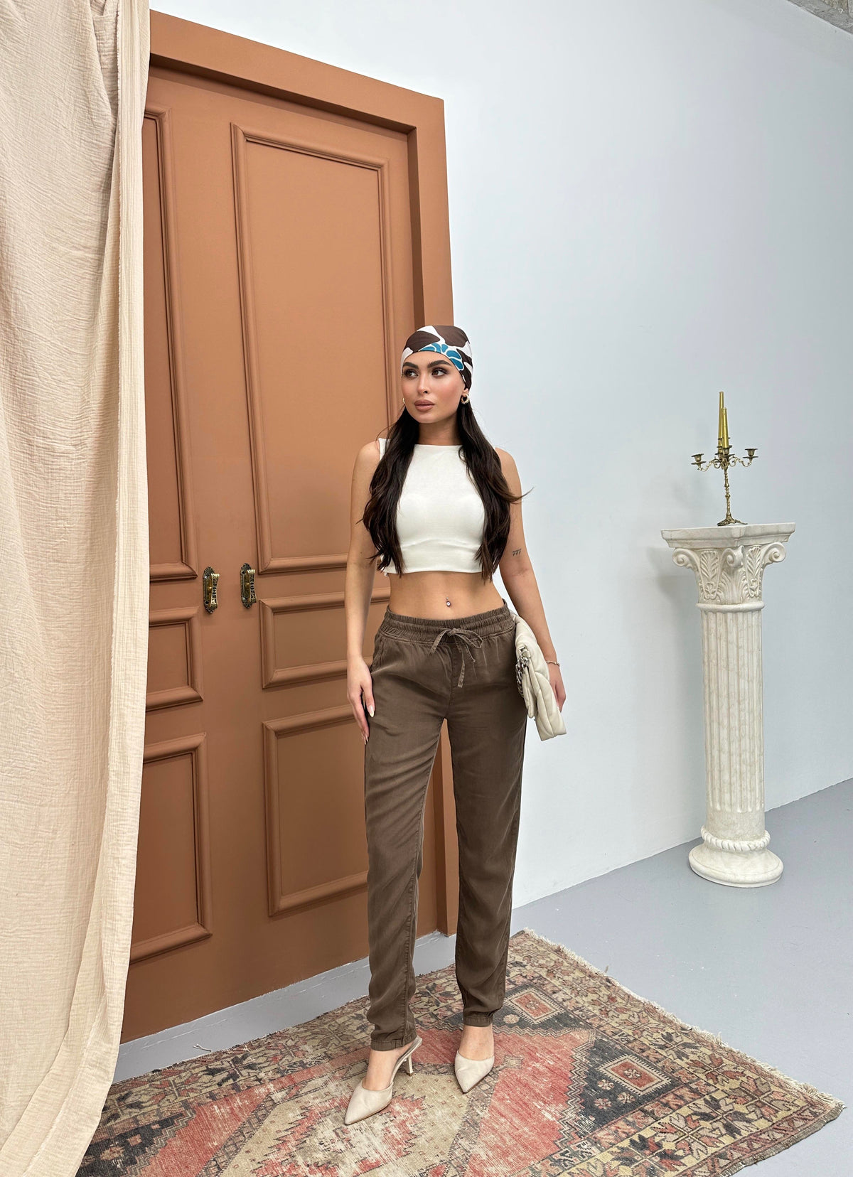 Women's Elastic Waist Tapered Leg Brown Jogger Pants