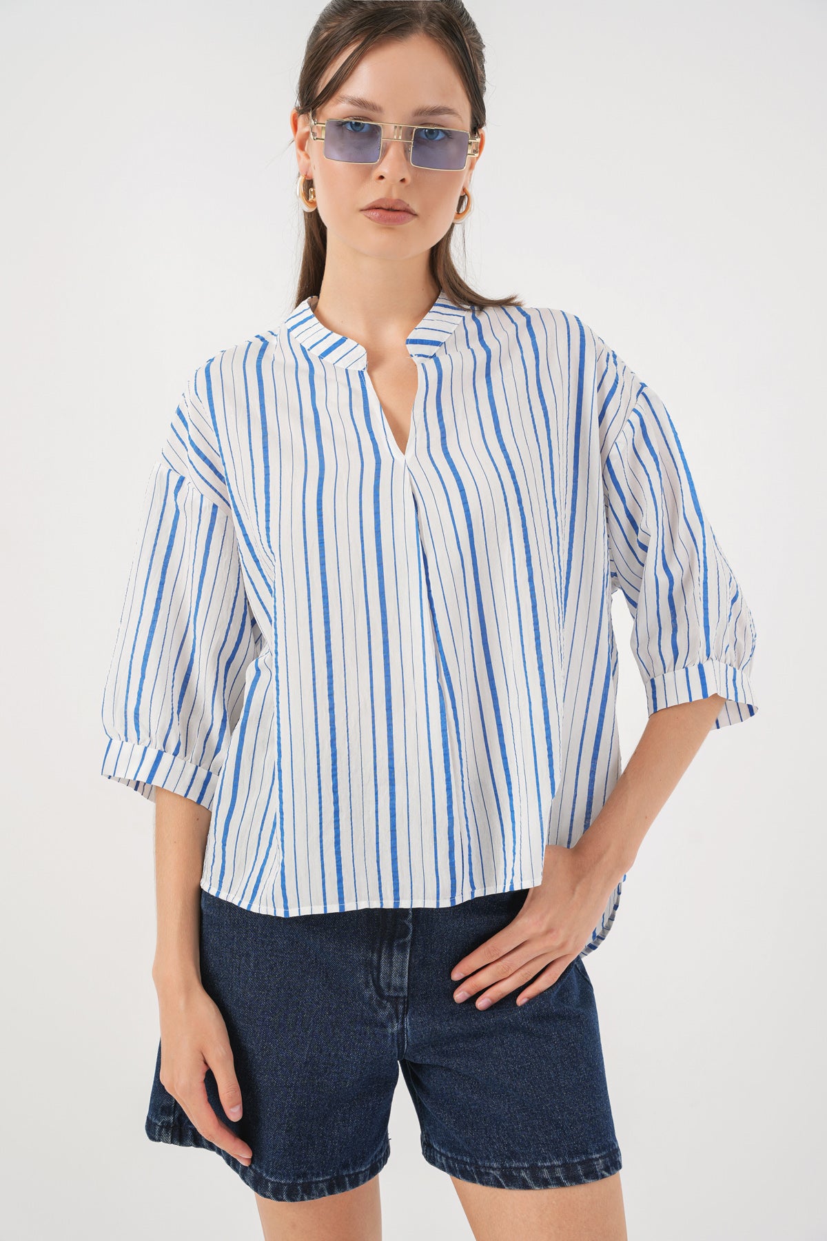 Kadın Çizgili Oversize Bluz 967 - Mavi