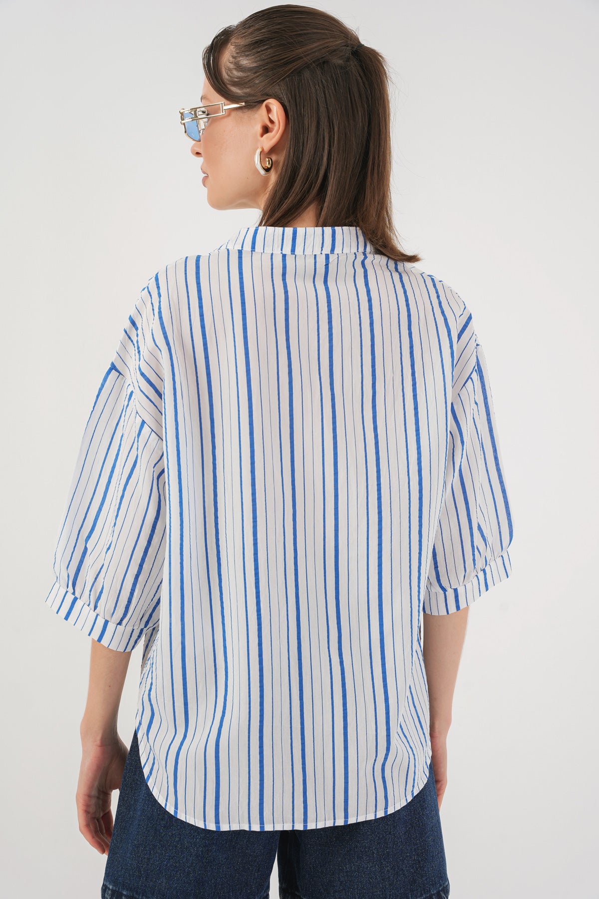 Kadın Çizgili Oversize Bluz 967 - Mavi
