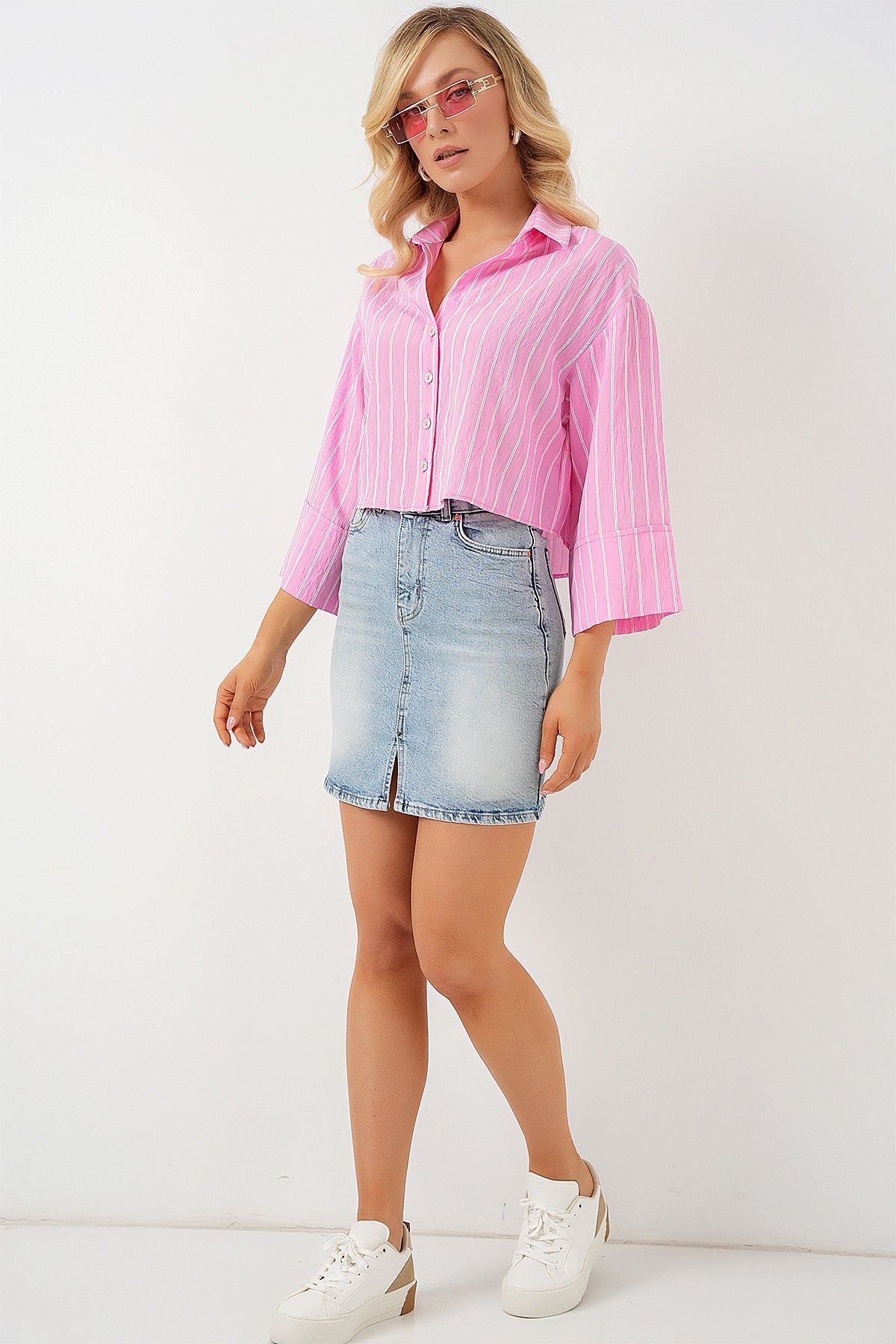 Kadın Çizgili Oversize Kısa Gömlek 20326 - Pembe