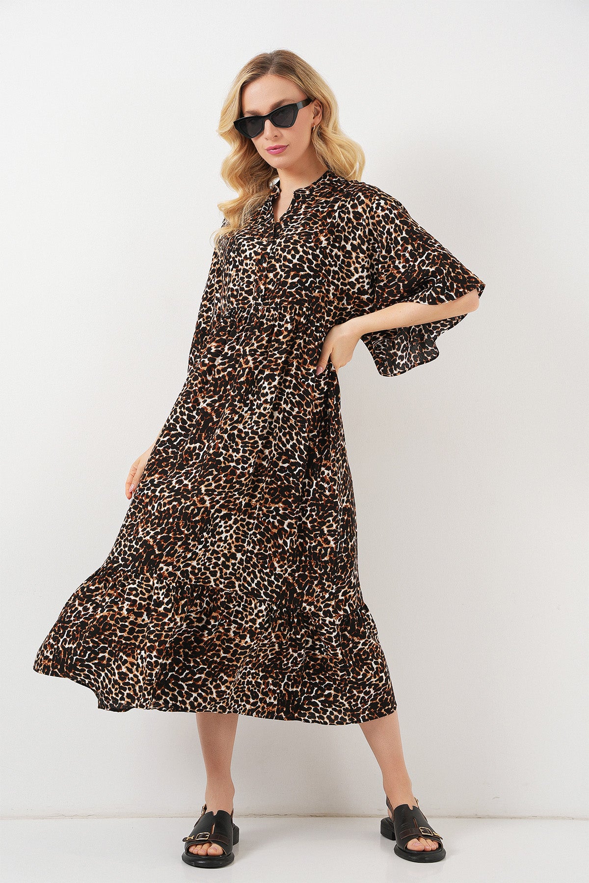 Rochie Decorativă cu Mâneci Scurte 2562 - Maro Deschis