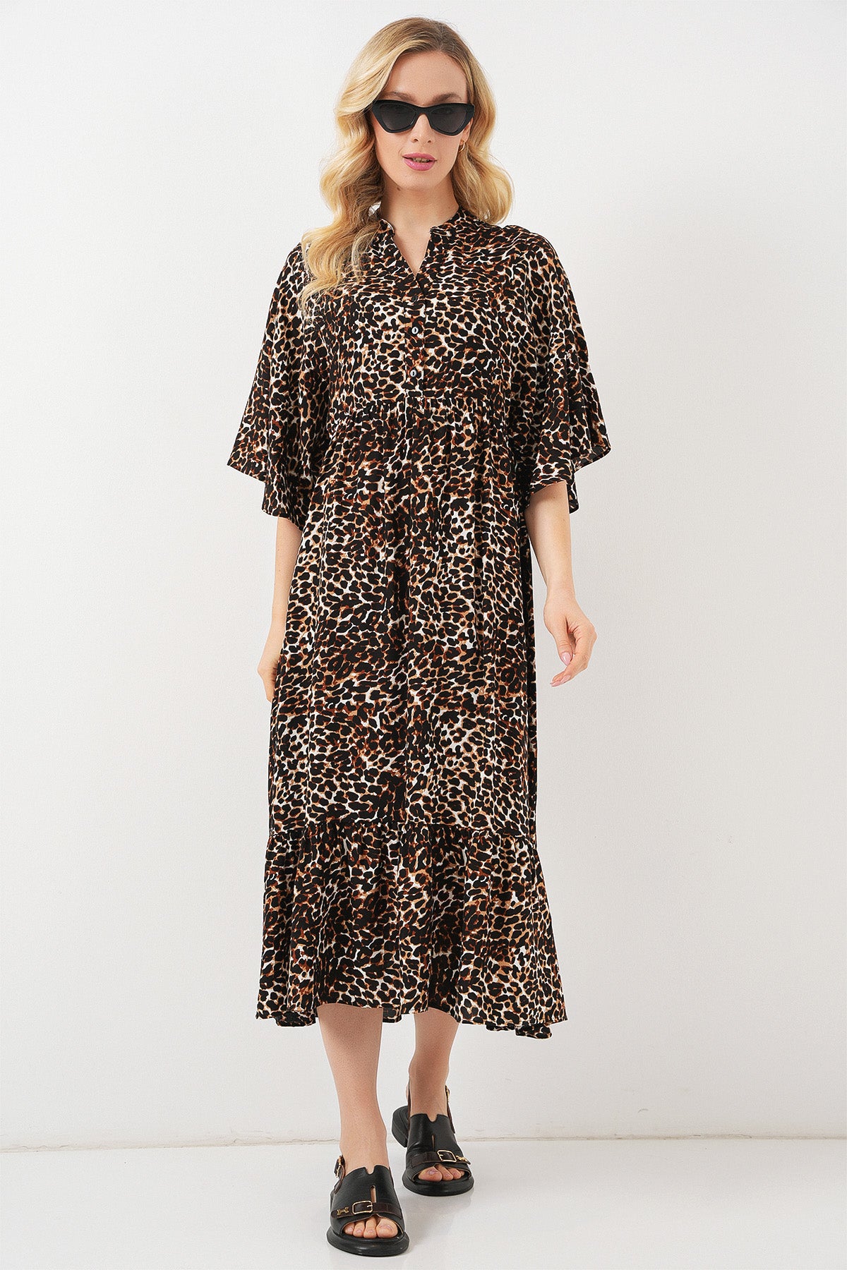 Rochie Decorativă cu Mâneci Scurte 2562 - Maro Deschis