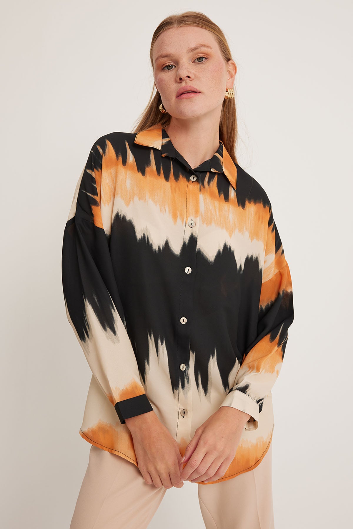 Cămașă Oversized cu Model Portocaliu Negru Femei 5923