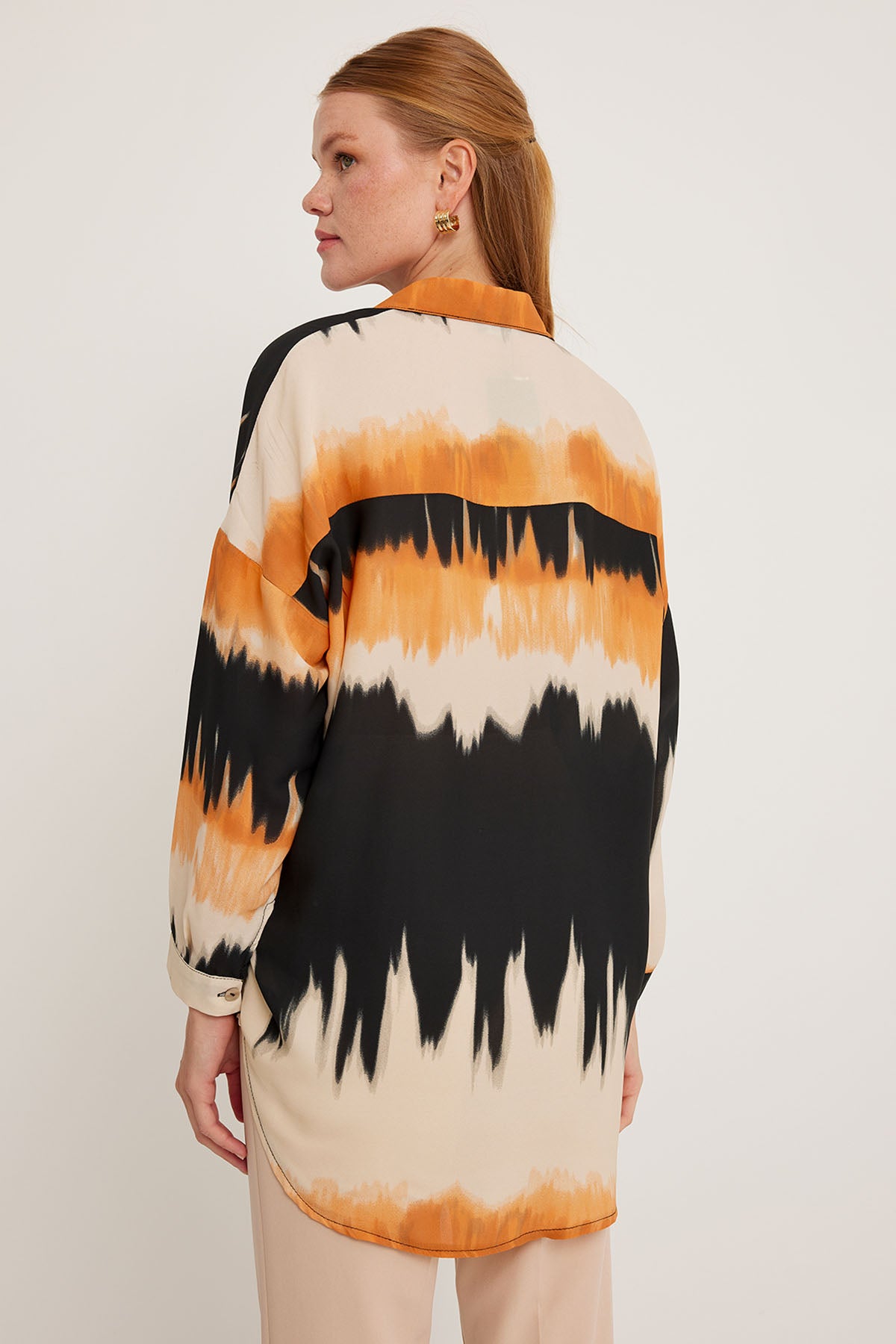 Cămașă Oversized cu Model Portocaliu Negru Femei 5923