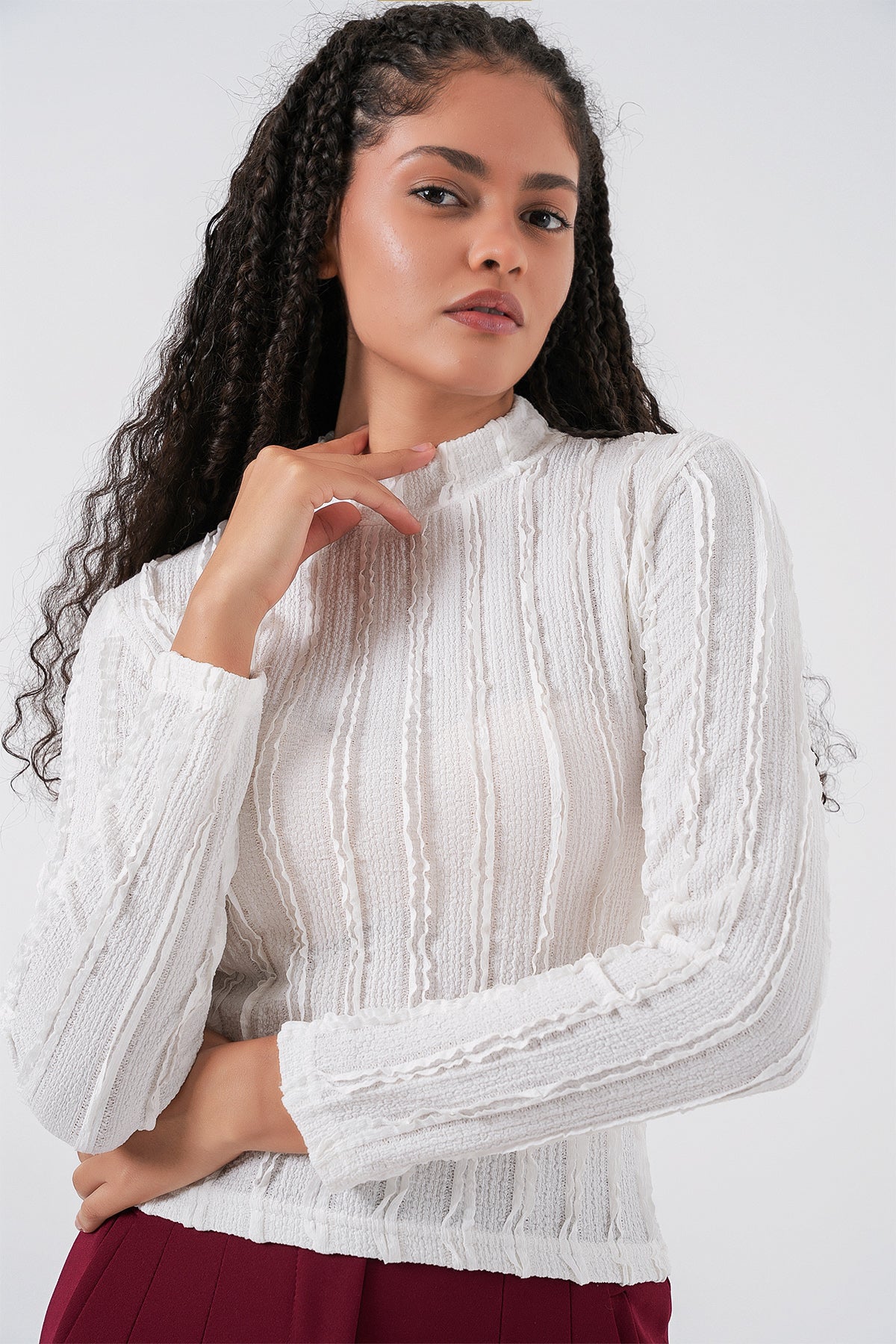 Bluză din tricot elastic texturată pentru femei 975 - Alb