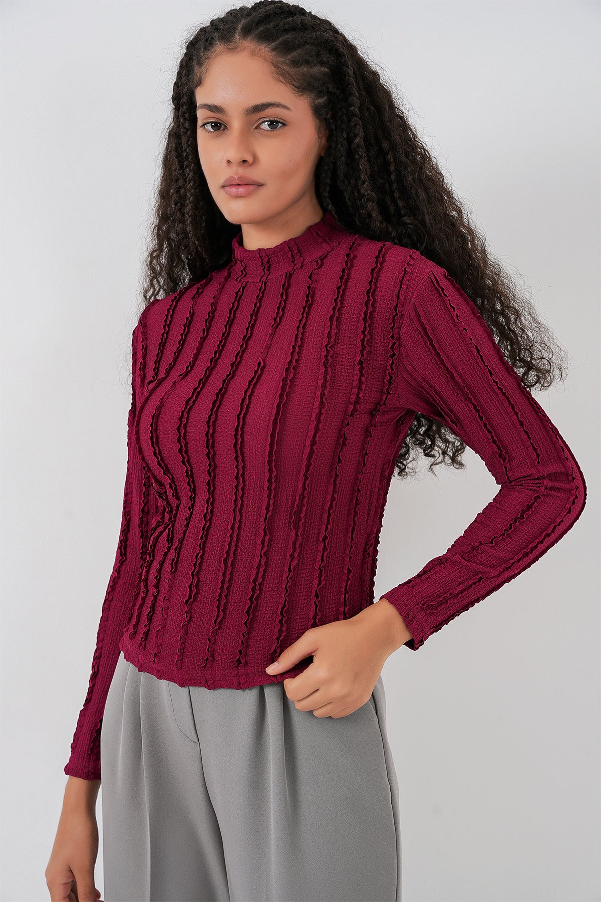 Bluză din tricot elastic texturată pentru femei 975 - Bordo